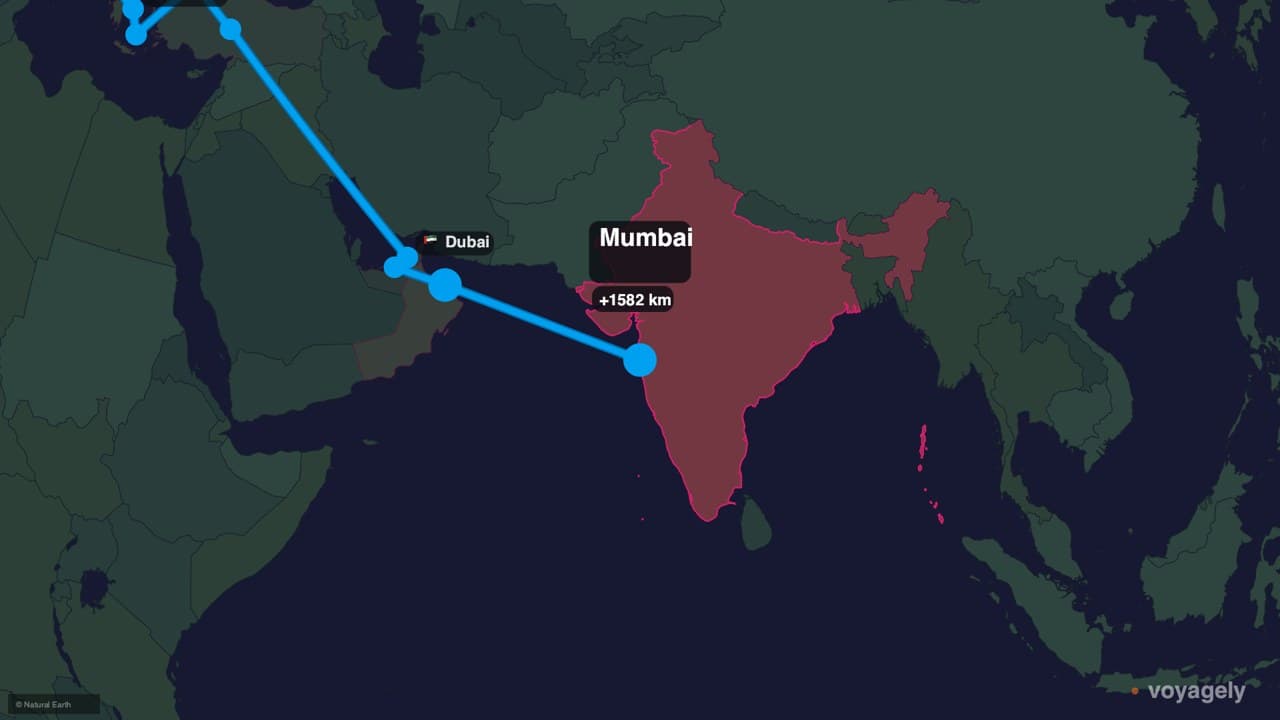 A finished Voyagely export following a route through southern Asia