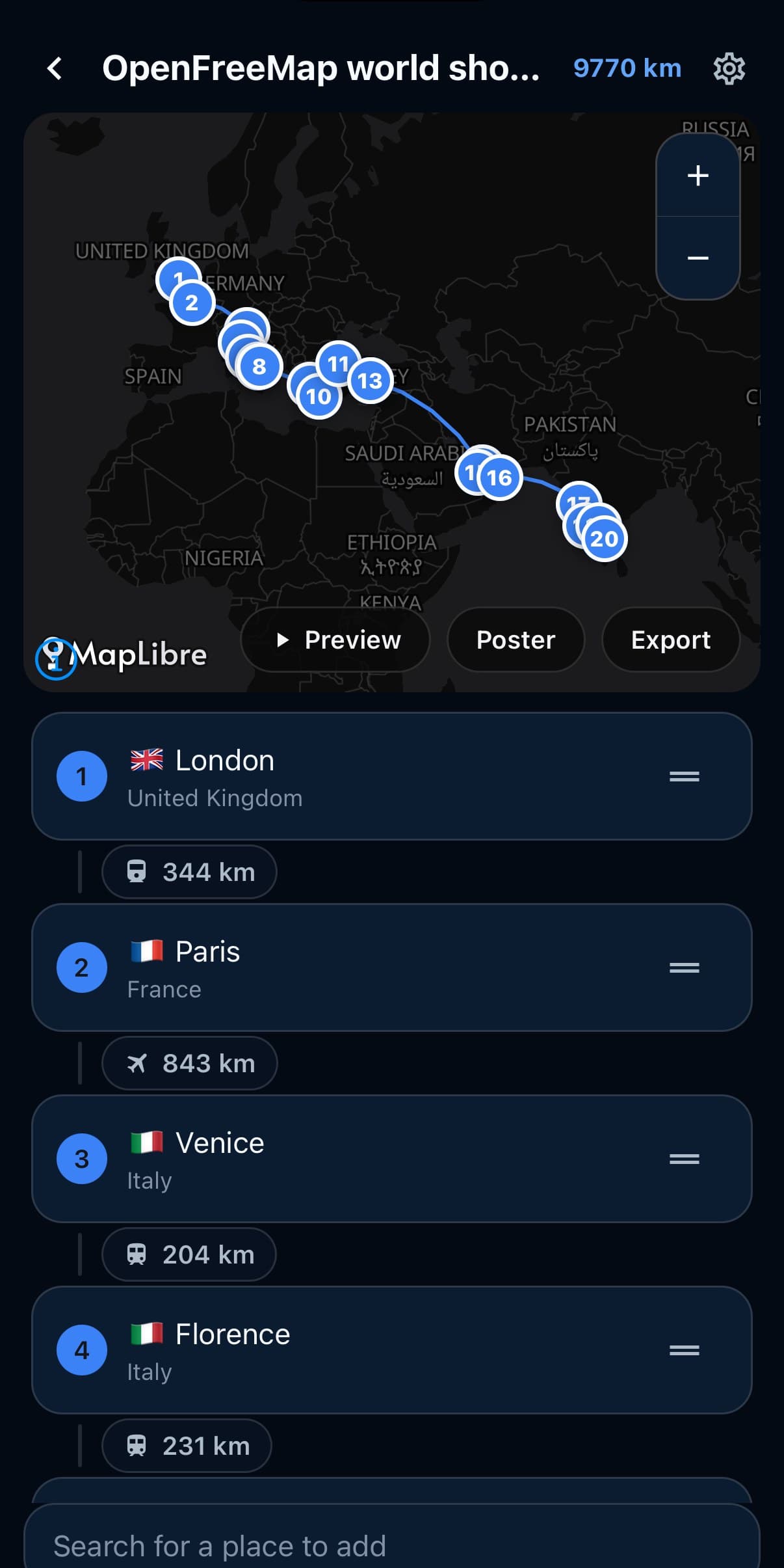 The Voyagely trip editor showing a multi-stop journey with distances between legs