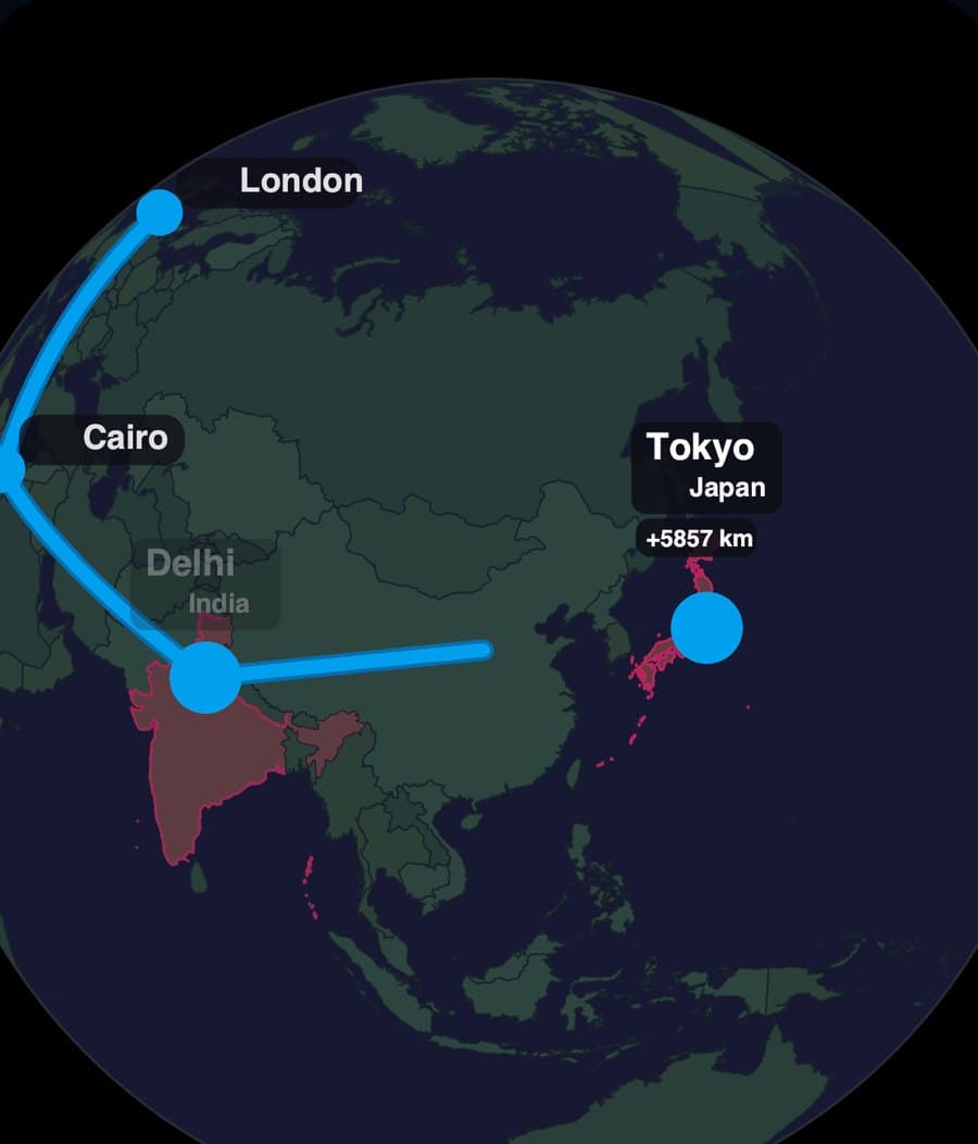 A Voyagely export following a four-city journey from London to Tokyo across the globe