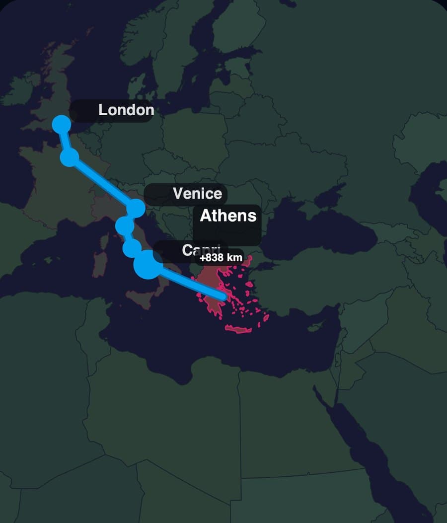 A Voyagely export tracing a twenty-city route from London through Venice and Capri to Athens